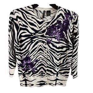 Nue Options Zebra Print Floral Button Cardigan Sweater Petite Medium Chic Retro
